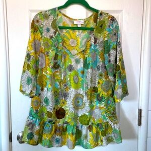 Women’s Liberty Blouse Top Multi Colored Retro Flower Print Sz M With ruffle